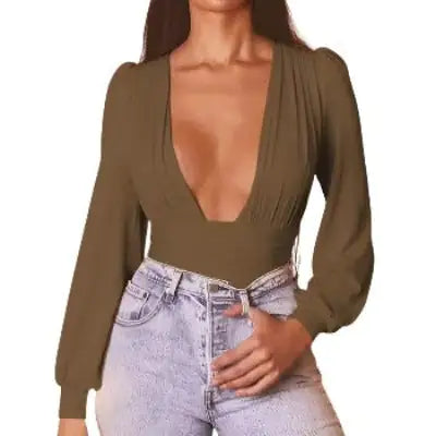 Chic Solid Plunging Neck Lantern Sleeve Bodysuit