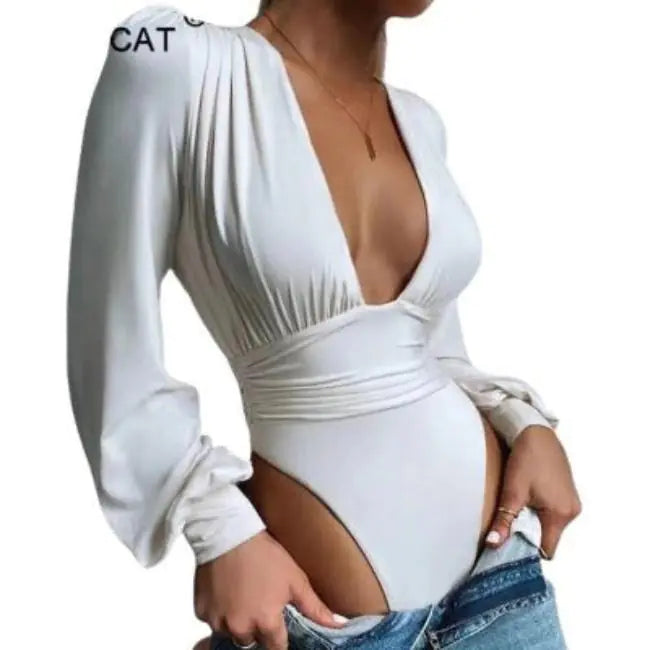 Chic Solid Plunging Neck Lantern Sleeve Bodysuit
