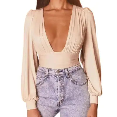 Chic Solid Plunging Neck Lantern Sleeve Bodysuit